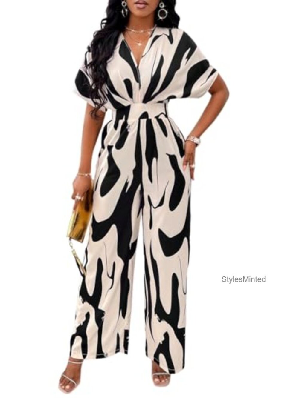 Women's V-Neck Short Sleeve Printed Jumpsuit with Pockets